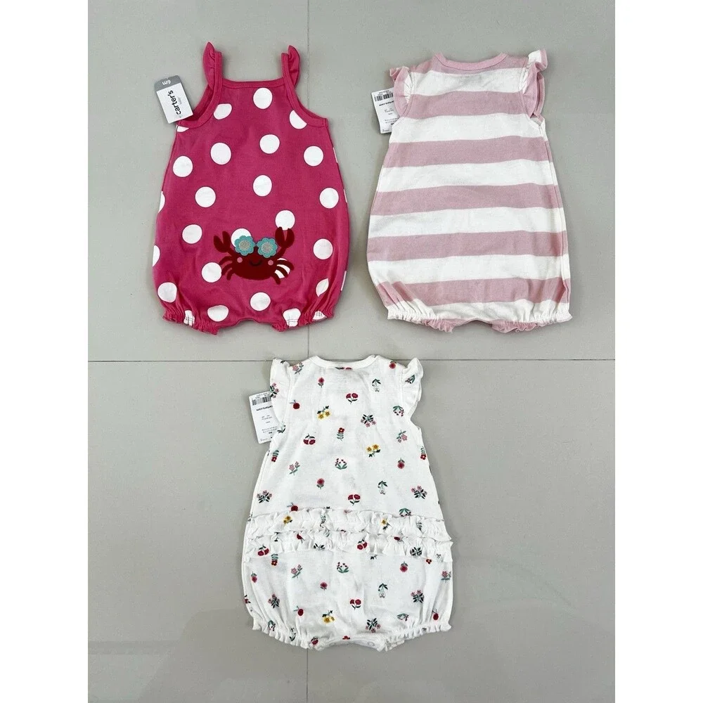 Set Lot of 3 Baby Girl Bubble Romper Outfit Summer Cotton 6m Snail Crab Flowers